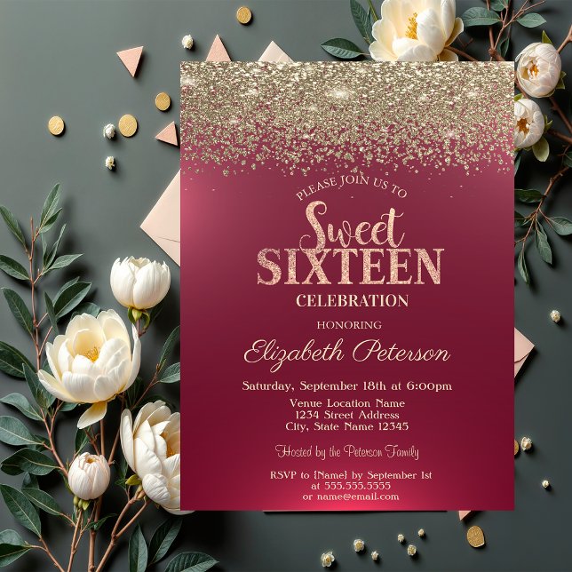 Elegant Modern Gold Confetti Diamonds Red Sweet 16 Invitation (Creator Uploaded)