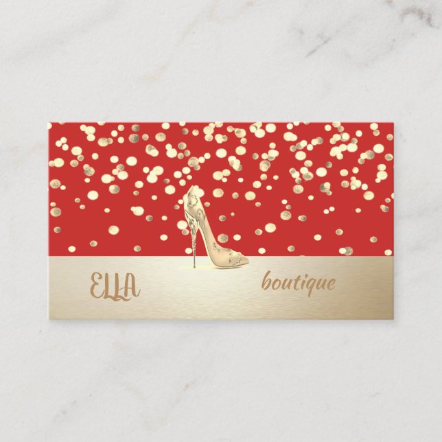 Elegant , Modern, Gold Confetti,High Heel,Red Business Card (Front)