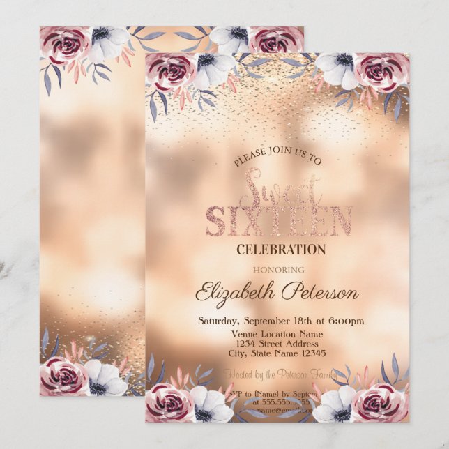 Elegant Modern Gold Confetti,Roses Sweet 16 Invitation (Front/Back)