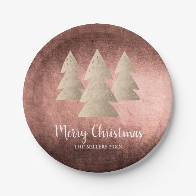 Elegant modern gold & copper Merry Christmas tree Paper Plate (Front)