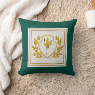 Elegant Modern Gold Crane Crest Emerald Green Cushion