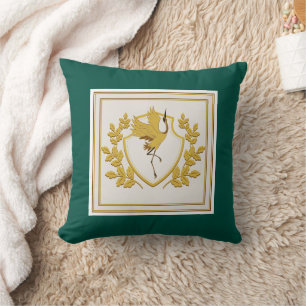 Elegant Modern Gold Crane Crest Emerald Green Cushion