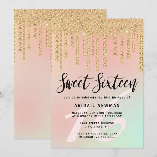 Elegant modern gold diamond drips sweet sixteen invitation (Front/Back)