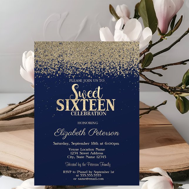 Elegant Modern Gold Diamonds Navy Blue Sweet 16 Invitation (Creator Uploaded)