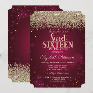 Elegant Modern Gold Diamonds Red Sweet 16 Invitation