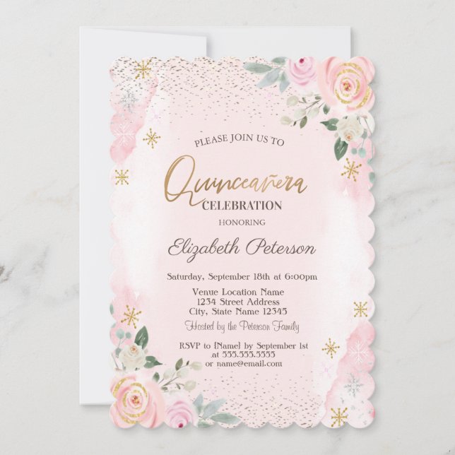 Elegant Modern Gold Diamonds Snowflakes Invitation (Front)