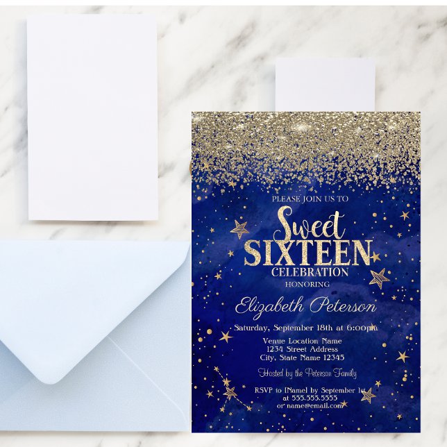 Elegant Modern Gold Diamonds Stars Blue Sweet 16 Invitation (Creator Uploaded)