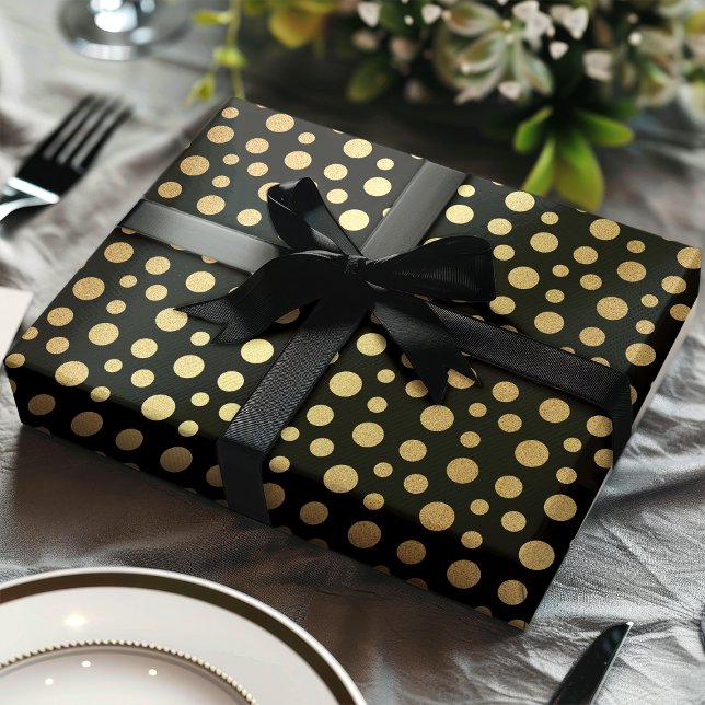 Elegant Modern Gold Faux Foil Polka Dots on Black Wrapping Paper (Creator Uploaded)