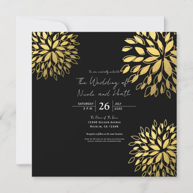 Elegant Modern Gold Floral Black Wedding Invitation (Front)