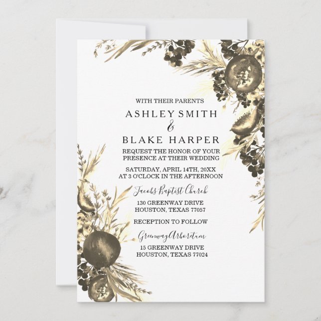 Elegant Modern Gold Floral Fern Wedding Invite (Front)