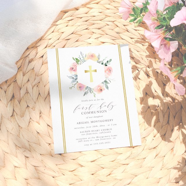 Elegant & Modern Gold Floral First Holy Communion Invitation Postcard (Creator Uploaded)