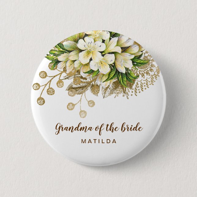 Elegant modern gold floral grandma of the bride 6 cm round badge (Front)