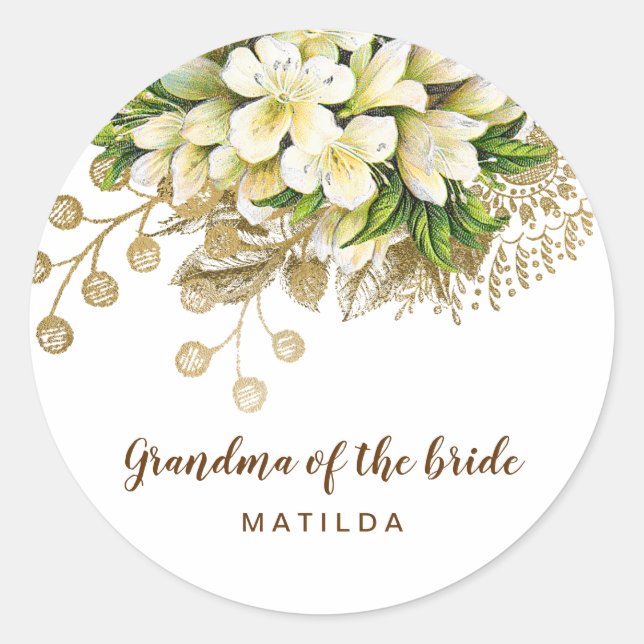 Elegant modern gold floral grandma of the bride classic round sticker (Front)