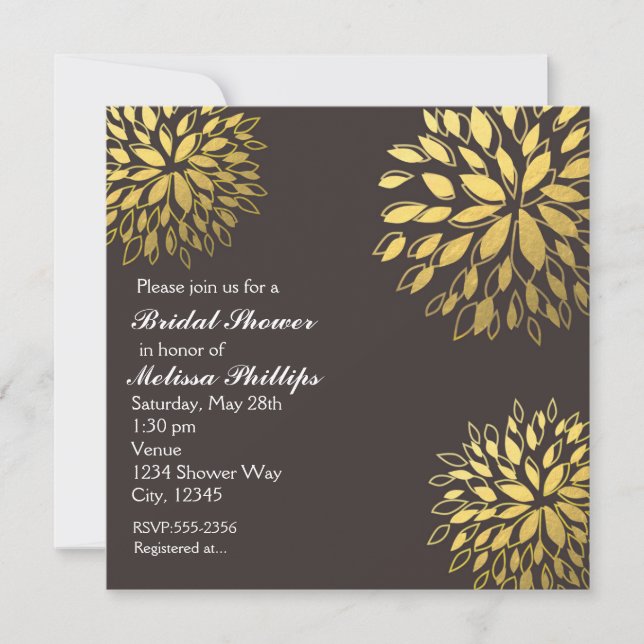 Elegant Modern Gold Foil Floral Grey Invite (Front)