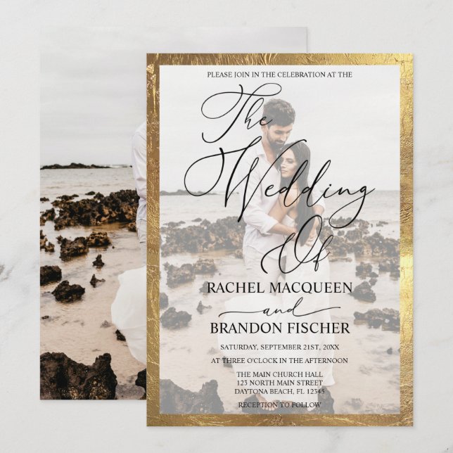 Elegant Modern Gold Framed Couple Photo Wedding Invitation (Front/Back)