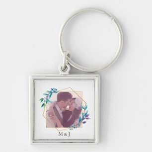 Elegant Modern Gold Geometric and Leaf Photo Key Ring