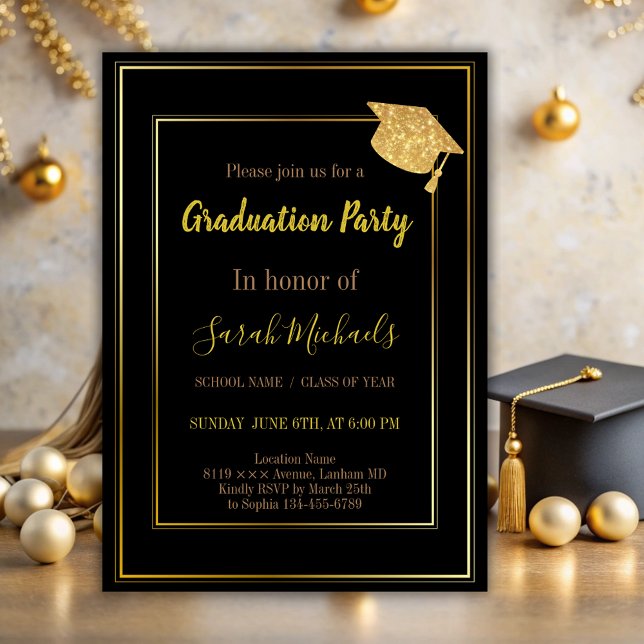 Elegant Modern Gold Glitter Graduation Cap  Invitation (Creator Uploaded)