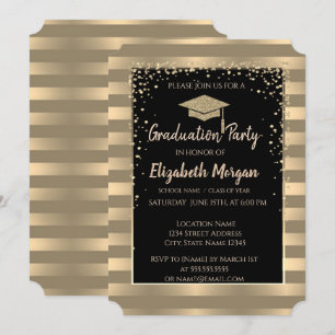 Elegant Modern Gold Glitter Graduation Cap,Stripes Invitation