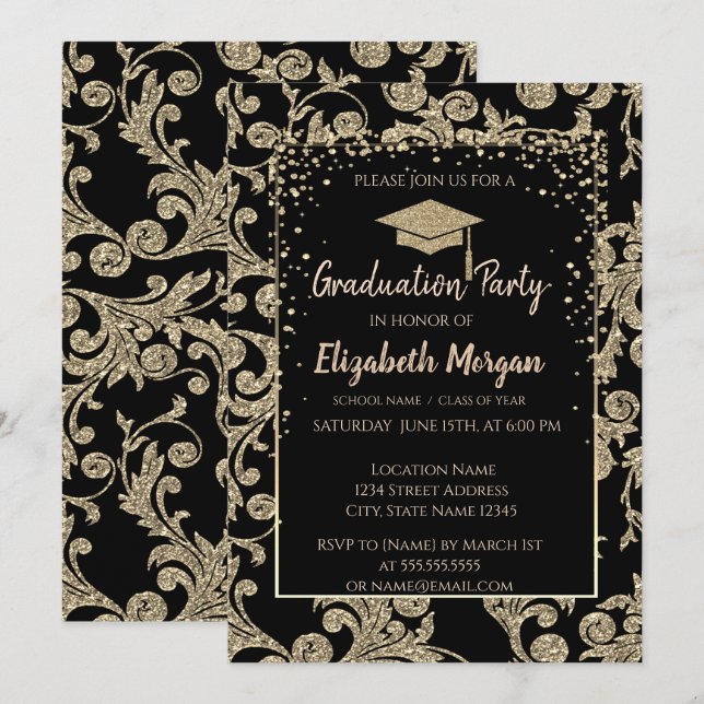 Elegant Modern Gold  Glitter Graduation Cap,Swirls Invitation (Front/Back)
