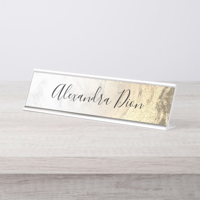 Elegant modern gold glitter white marble desk name plate (Front)