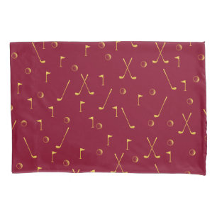 Elegant Modern Gold Golf Pattern Golfer Burgundy Pillowcase