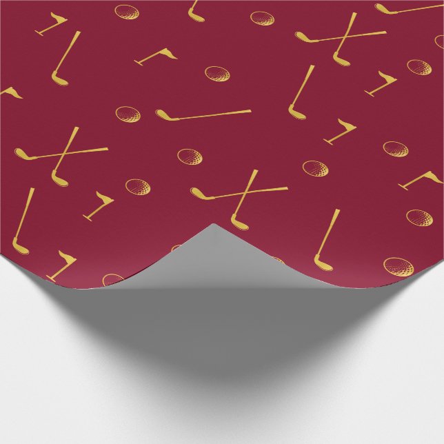 Elegant Modern Gold Golf Pattern Golfer Burgundy Wrapping Paper (Corner)