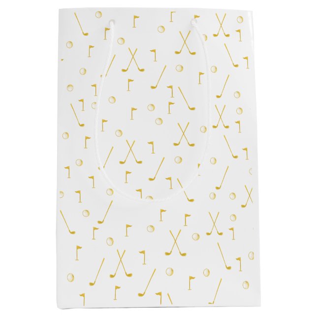 Elegant Modern Gold Golf Pattern Golfer White  Medium Gift Bag (Front)