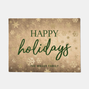 Elegant Modern Gold & Green Happy Holidays Doormat