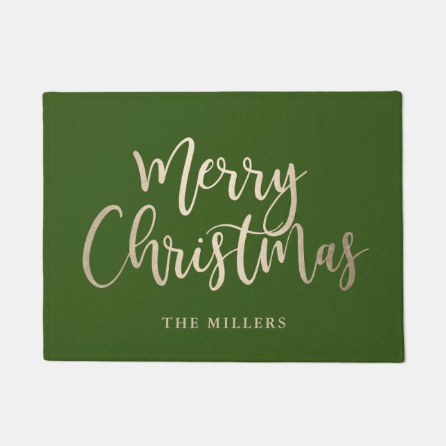Elegant Modern Gold & Green Merry Christmas Doormat (Front)