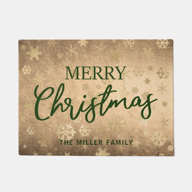 Elegant Modern Gold & Green Merry Christmas Doormat (Front)