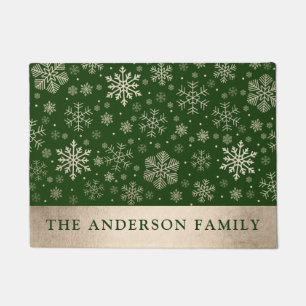 Elegant Modern Gold & Green Snowflakes Christmas Doormat