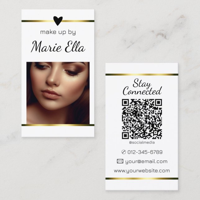 Elegant Modern Gold Heart with Photo and QR Code Business Card (Front/Back)