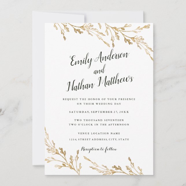 Elegant Modern Gold Leaf Wedding Invitation (Front)