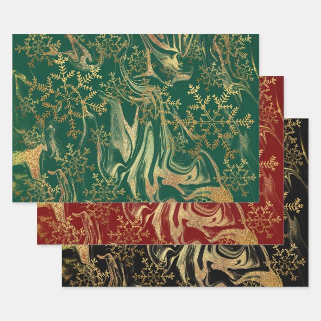Elegant modern gold marble snowflakes wrapping paper sheet (Set)