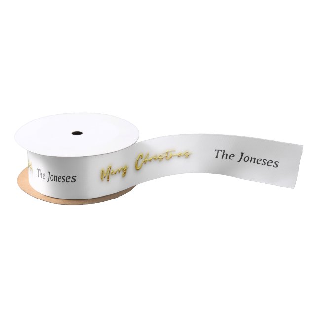 Elegant Modern Gold Merry Christmas Custom White Satin Ribbon (Spool)