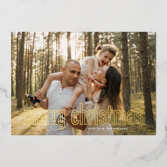 Elegant Modern Gold Merry Christmas Photo Foil Holiday Card (Front)