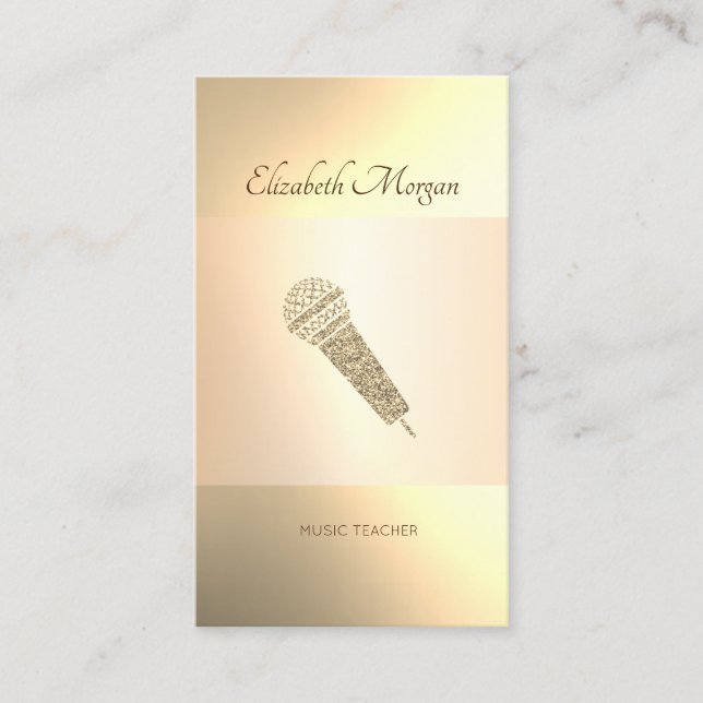 Elegant Modern, Gold Microphone, Music Teacher Business Card (Front)