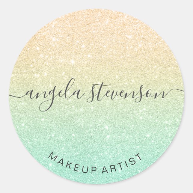 Elegant modern gold & mint green glitter makeup classic round sticker (Front)