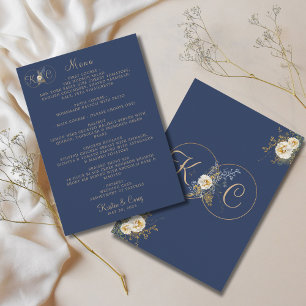 Elegant Modern Gold Monogram Navy Blue Wedding  Menu