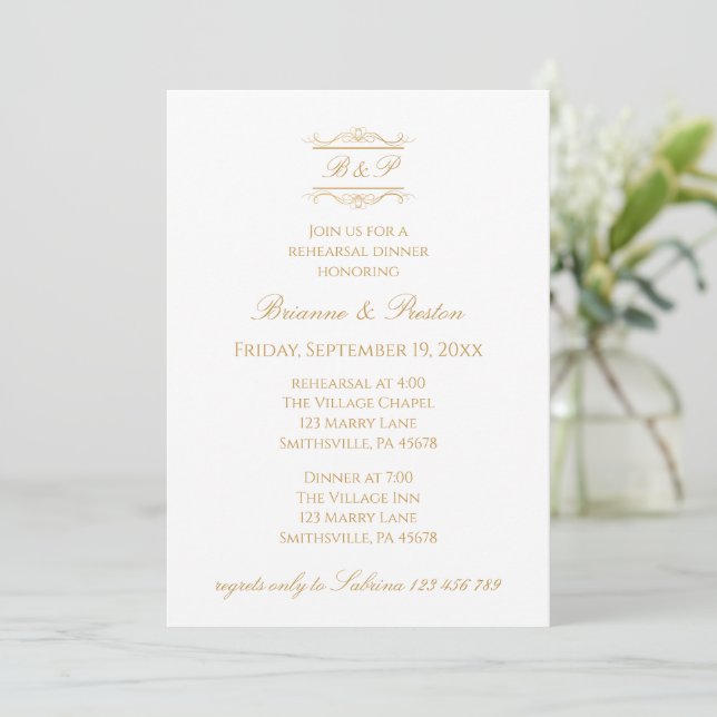 Elegant Modern Gold Monogram Rehearsal Dinner Invitation (Standing Front)
