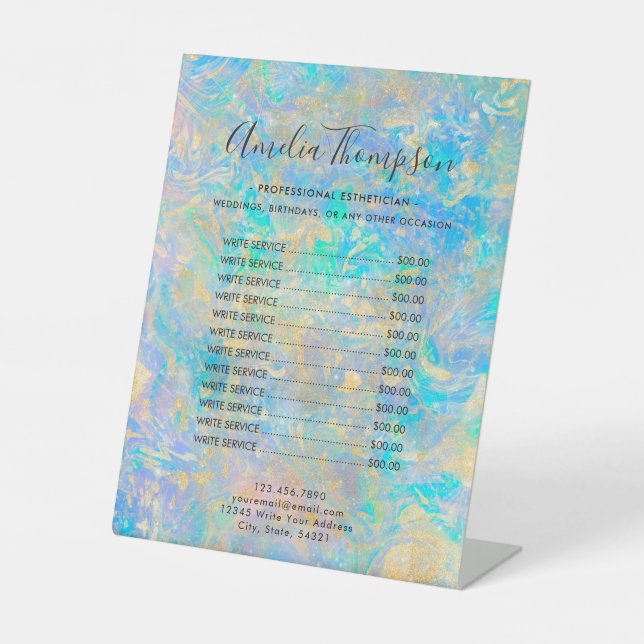 Elegant Modern Gold Opal Stone Price List Pedestal Sign (Front)