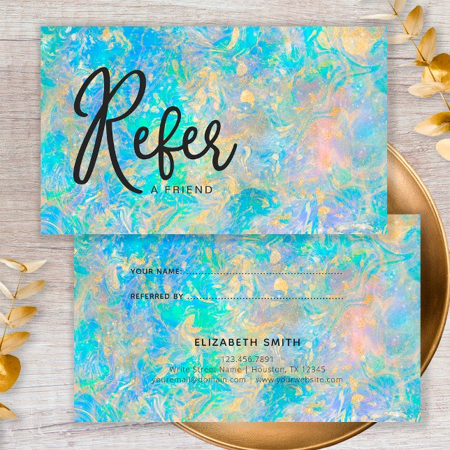 Elegant Modern Gold Opal Stone Refer Referral Business Card (Front and Back)