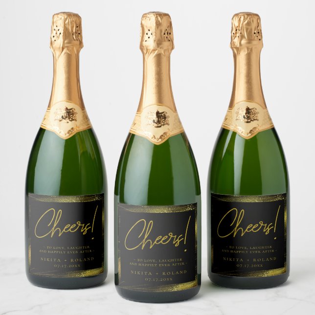 Elegant Modern Gold Personalised Black Sparkling Wine Label (Bottles)