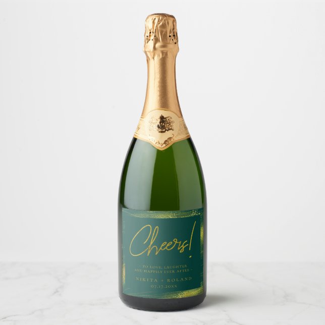 Elegant Modern Gold Personalised Green Sparkling Wine Label (Front)