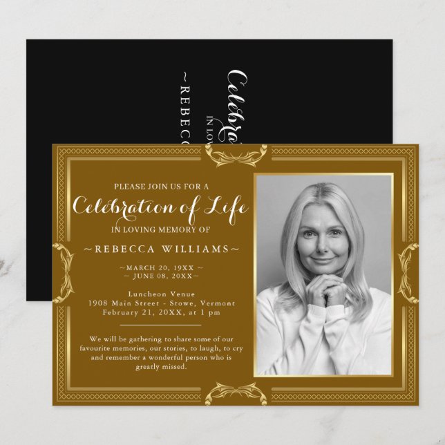 Elegant Modern Gold Photo Celebration of life Invi Invitation (Front/Back)