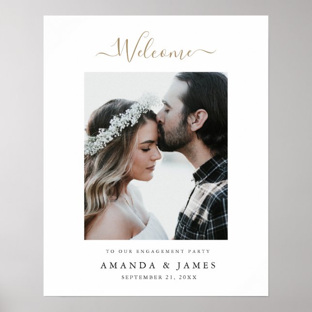 Elegant Modern Gold Photo Engagement Party Welcome Poster (Front)