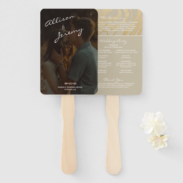 Elegant Modern Gold Photo Wedding Program Hand Fan (Front and Back)