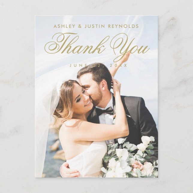 Elegant Modern Gold Photo Wedding Thank You Postcard (Front)