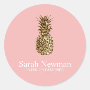 Elegant modern gold pineapple pink classic round sticker
