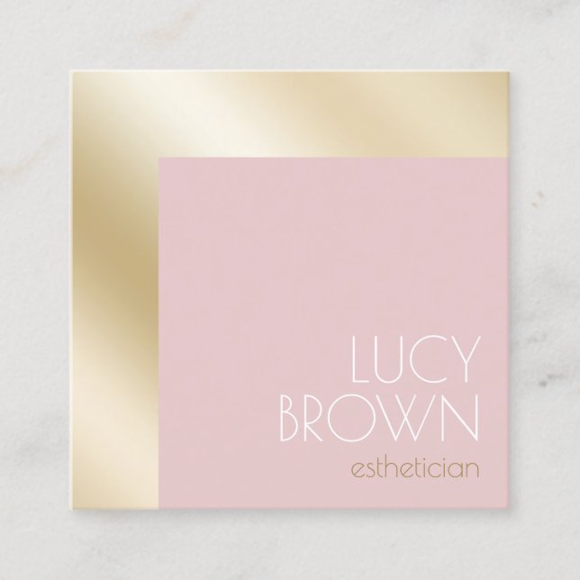 Elegant modern gold & pink aesthetician square business card (Front)